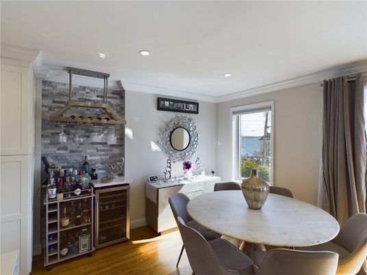 Dining room, Interior, Recessed Lighting, Stone Walls, Wood Texture Flooring