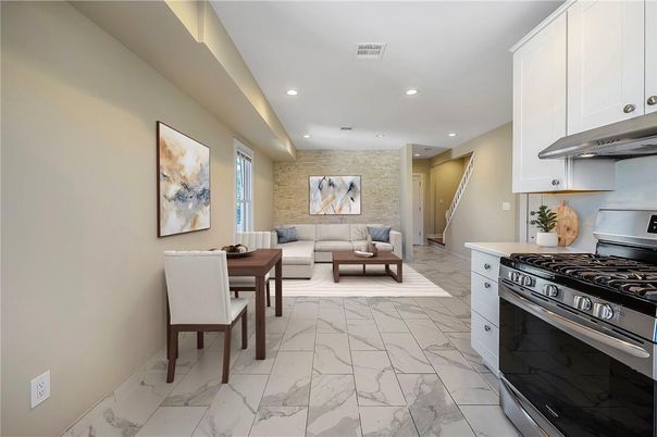Dining room, Interior, Kitchen, Living room, Marble, Recessed Lighting, Stone Walls