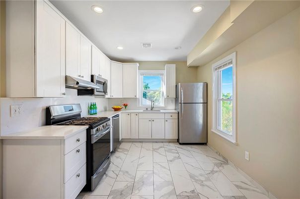 Interior, Kitchen, Marble, Recessed Lighting, Stainless Steel Appliances