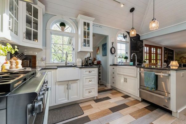 Interior, Kitchen, Pendant Lights, Stainless Steel Appliances, Wood Texture Flooring