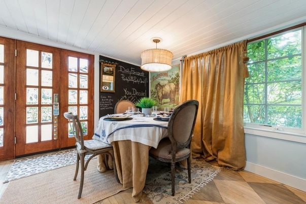 Dining room, Interior, Pendant Lights, Wood Texture Flooring