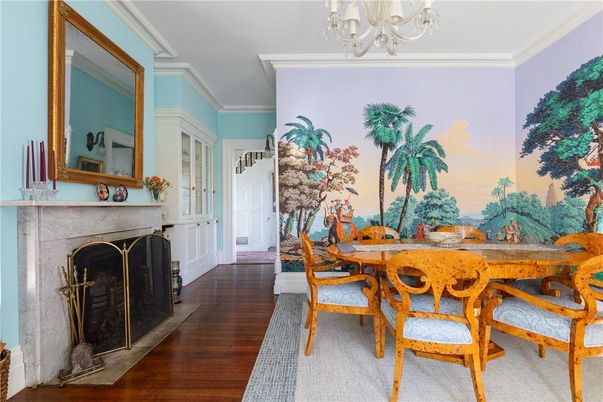 Chandelier, Dining room, Fireplace, Interior, Wood Texture Flooring