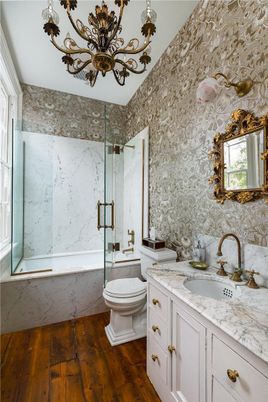 Bathroom, Dual Sink Vanities, Interior, Marble Walls, Wood Texture Flooring