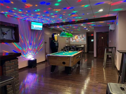 Billiard Table, Game Room, Interior, Pendant Lights, Recessed Lighting, Wood Texture Flooring