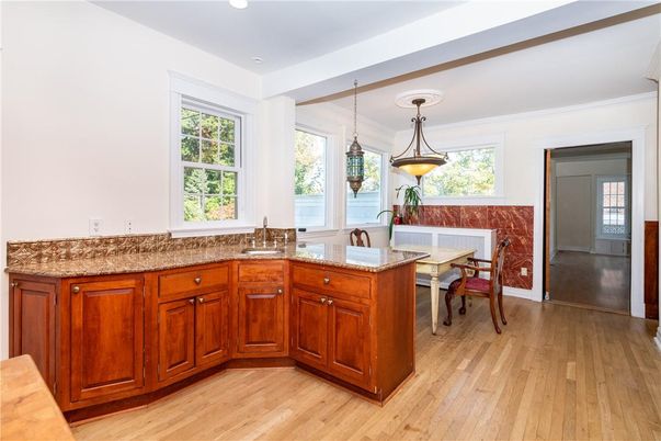 Dining room, Interior, Pendant Lights, Recessed Lighting, Wood Texture Flooring
