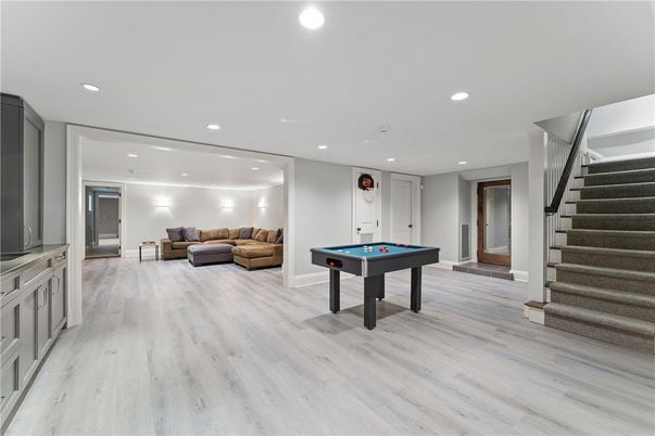 Billiard Table, Game Room, Interior, Recessed Lighting, Wood Texture Flooring