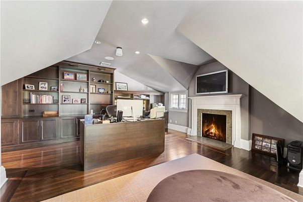 Fireplace, Home Office, Interior, Recessed Lighting, Wood Texture Flooring