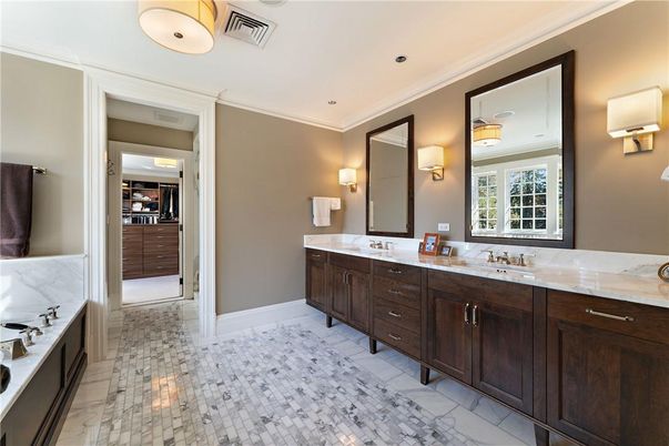 Bathroom, Dual Sink Vanities, Interior, Marble, Recessed Lighting, Walk-in Closets