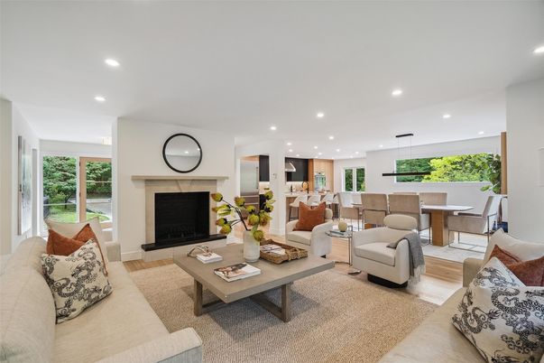 Dining room, Fireplace, Interior, Kitchen, Living room, Pendant Lights, Recessed Lighting, Wood Texture Flooring