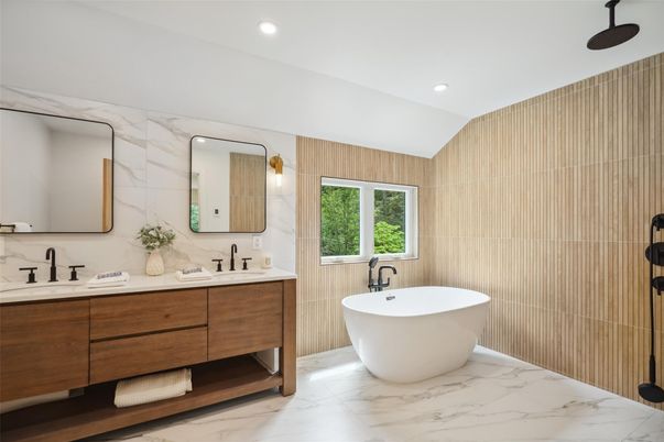 Bathroom, Dual Sink Vanities, Free Standing Baths, Interior, Marble, Marble Walls, Recessed Lighting