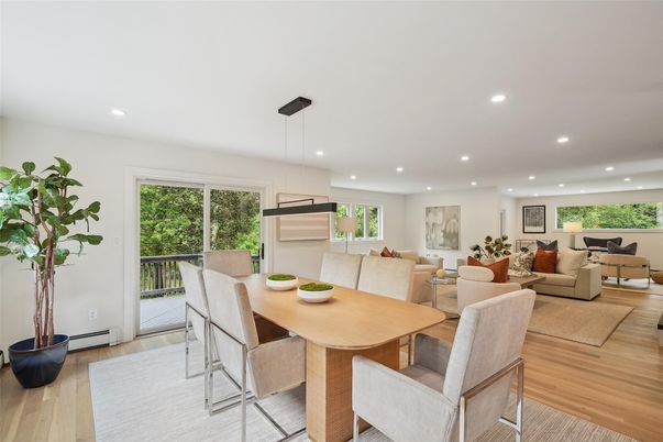 Dining room, Interior, Living room, Pendant Lights, Recessed Lighting, Wood Texture Flooring