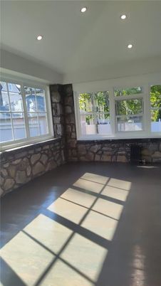 Empty room, Fireplace, Interior, Recessed Lighting, Stone Walls