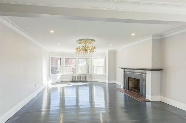 Chandelier, Empty room, Fireplace, Interior, Recessed Lighting, Wood Texture Flooring