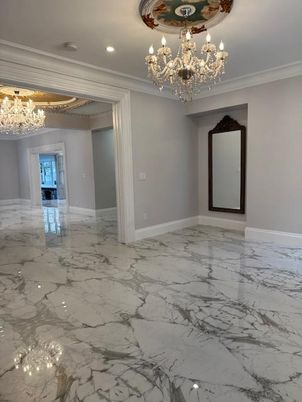 Chandelier, Empty room, Interior, Marble, Recessed Lighting