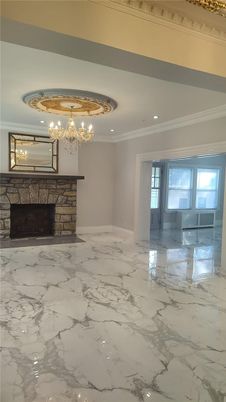 Chandelier, Empty room, Fireplace, Interior, Marble, Recessed Lighting