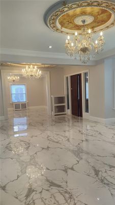 Chandelier, Empty room, Interior, Marble, Recessed Lighting