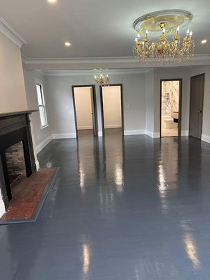 Chandelier, Empty room, Fireplace, Interior, Recessed Lighting, Wood Texture Flooring