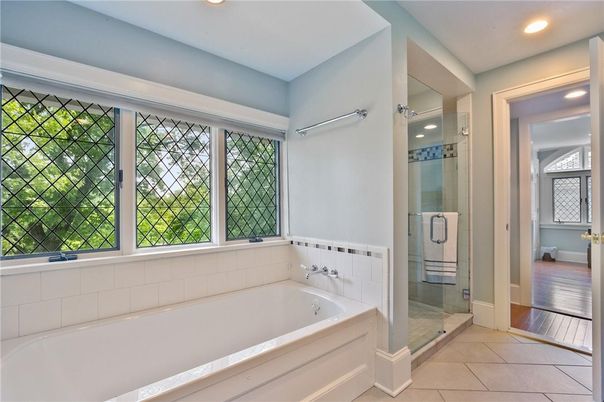 Bathroom, Glass Shower, Interior, Recessed Lighting, Wood Texture Flooring