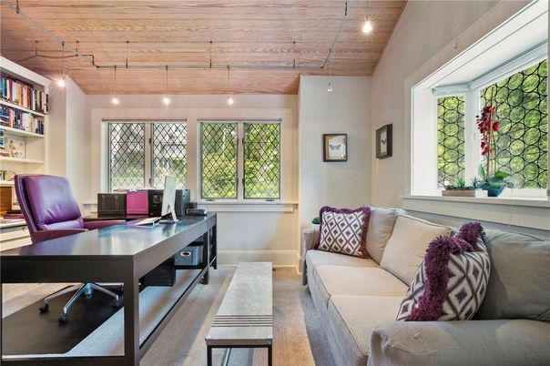 Home Office, Interior, Pendant Lights, Recessed Lighting, Wooden Ceilings