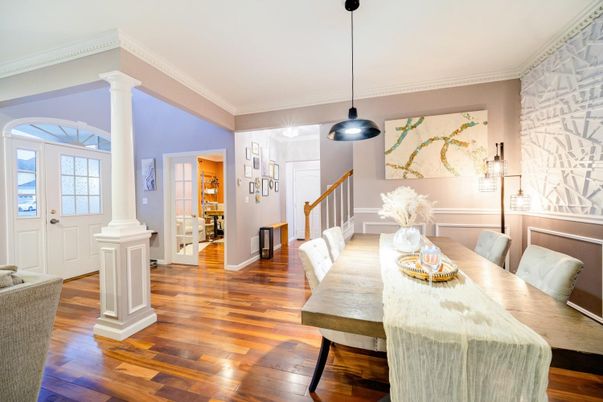 Dining room, Interior, Pendant Lights, Wood Texture Flooring