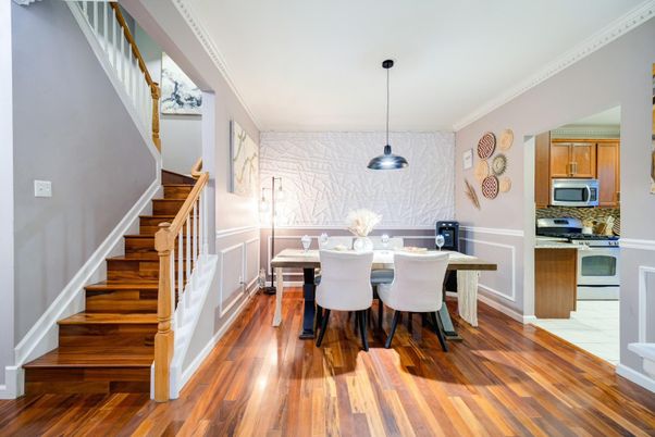 Dining room, Interior, Kitchen, Pendant Lights, Stainless Steel Appliances, Wood Texture Flooring