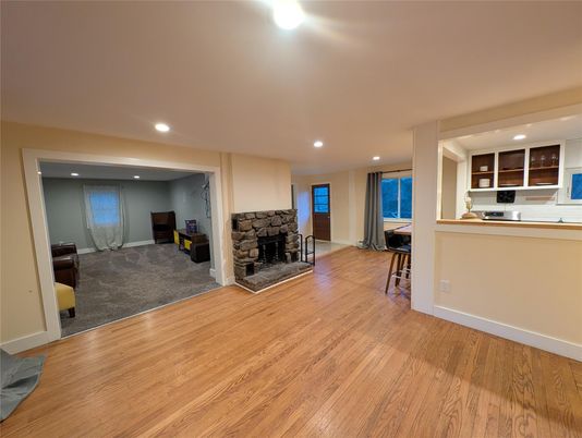 Empty room, Fireplace, Interior, Recessed Lighting, Wood Texture Flooring