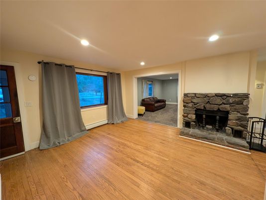 Empty room, Fireplace, Interior, Recessed Lighting, Wood Texture Flooring