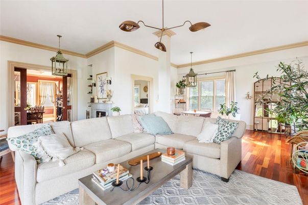Dining room, Fireplace, Interior, Living room, Pendant Lights, Wood Texture Flooring