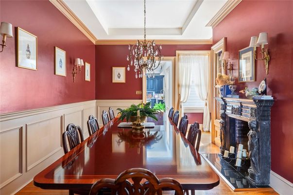 Chandelier, Dining room, Fireplace, Interior, Wood Texture Flooring