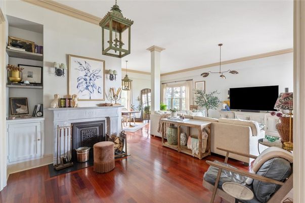 Fireplace, Interior, Living room, Pendant Lights, Wood Texture Flooring
