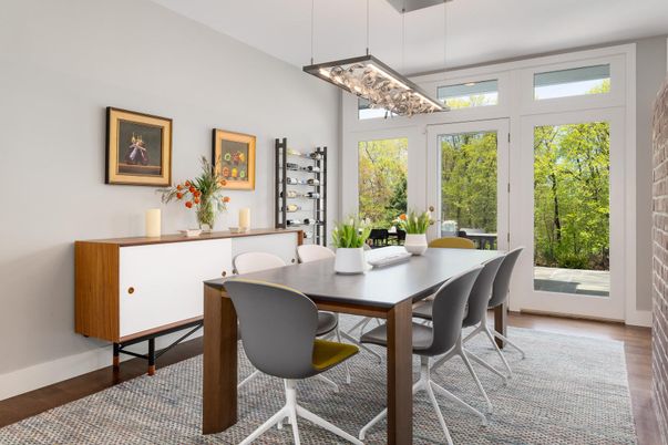 Dining room, Interior, Pendant Lights, Wood Texture Flooring