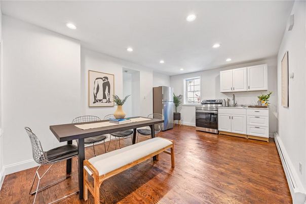 Dining room, Interior, Kitchen, Recessed Lighting, Stainless Steel Appliances, Wood Texture Flooring