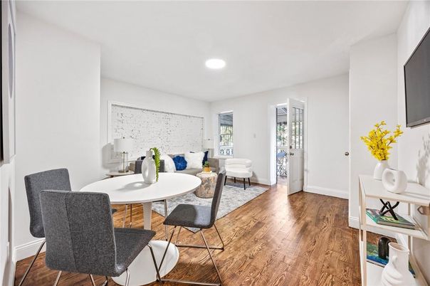 Dining room, Interior, Living room, Recessed Lighting, Wood Texture Flooring