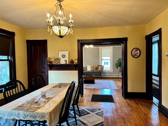 Chandelier, Dining room, Interior, Wood Texture Flooring