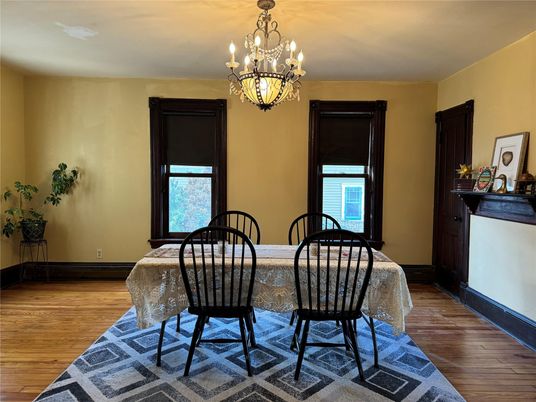Chandelier, Dining room, Interior, Wood Texture Flooring
