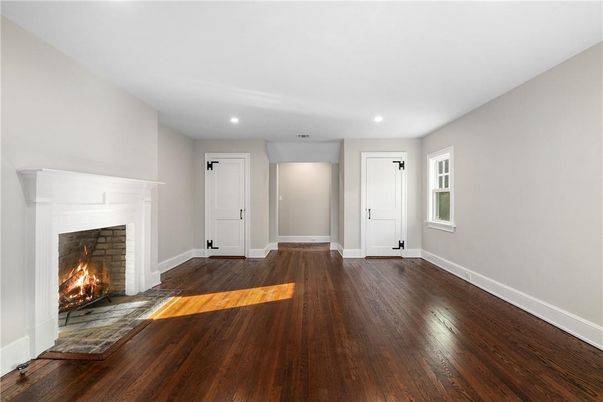 Empty room, Fireplace, Interior, Recessed Lighting, Wood Texture Flooring