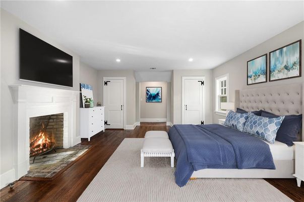 Bedroom, Fireplace, Interior, Recessed Lighting, Wood Texture Flooring