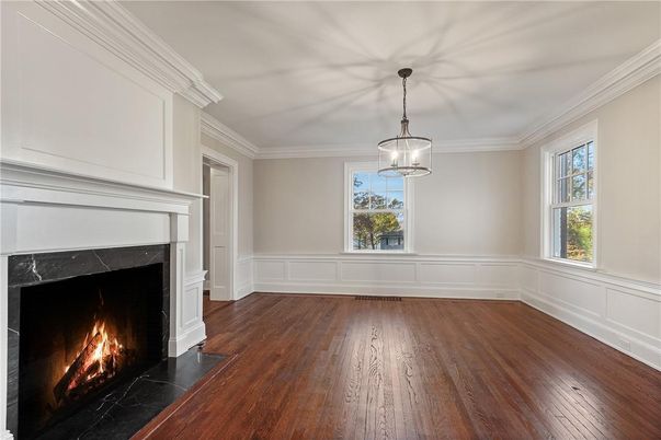 Empty room, Fireplace, Interior, Pendant Lights, Wood Texture Flooring