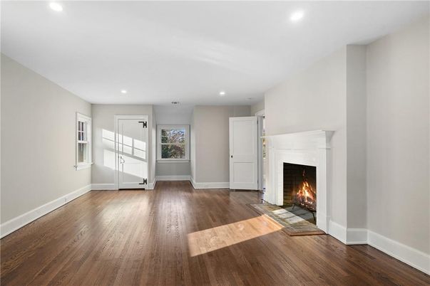 Empty room, Fireplace, Interior, Recessed Lighting, Wood Texture Flooring