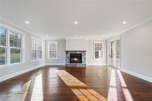 Empty room, Fireplace, Interior, Recessed Lighting, Wood Texture Flooring