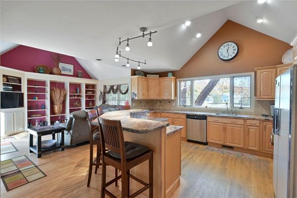 Interior, Kitchen, Living room, Recessed Lighting, Stainless Steel Appliances, Wood Texture Flooring