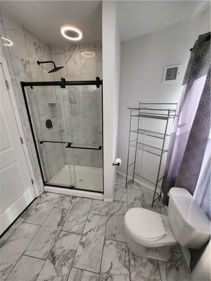 Bathroom, Glass Shower, Interior, Marble, Marble Walls, Recessed Lighting