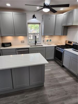 Interior, Kitchen, Recessed Lighting, Stainless Steel Appliances, Wood Texture Flooring