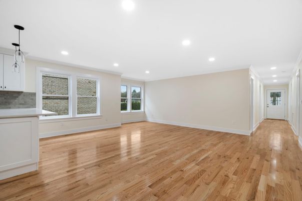 Empty room, Interior, Pendant Lights, Recessed Lighting, Wood Texture Flooring