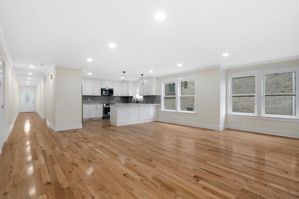Empty room, Interior, Kitchen, Pendant Lights, Recessed Lighting, Wood Texture Flooring