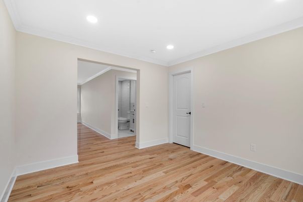 Bathroom, Empty room, Interior, Recessed Lighting, Wood Texture Flooring