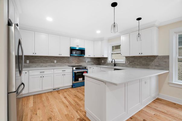 Interior, Kitchen, Pendant Lights, Recessed Lighting, Stainless Steel Appliances, Wood Texture Flooring