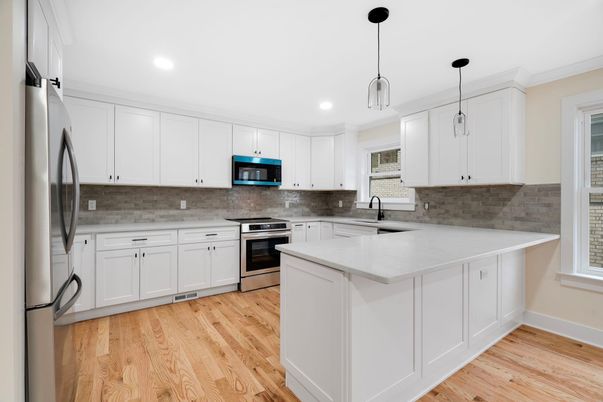 Interior, Kitchen, Pendant Lights, Recessed Lighting, Stainless Steel Appliances, Wood Texture Flooring