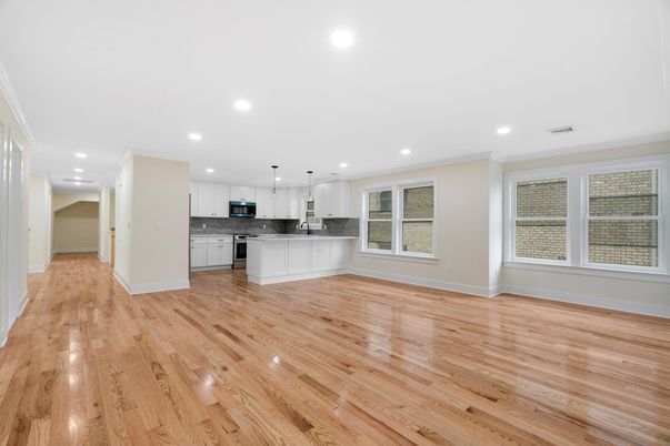 Empty room, Interior, Kitchen, Pendant Lights, Recessed Lighting, Wood Texture Flooring