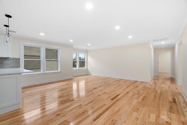 Empty room, Interior, Pendant Lights, Recessed Lighting, Wood Texture Flooring